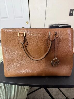 Michael Kors Women's Brown Leather Handbag Purse Braid Gold MK Initials Auth